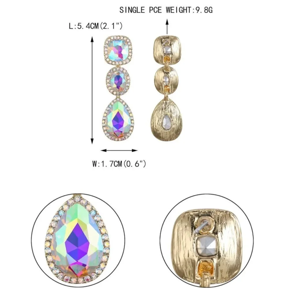 Yellow Gold and Iridescent AB Austrian Crystal Dangling Chandelier Post Earrings